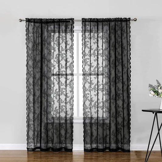 Black Lace Sheer Curtains for Home and Bedroom