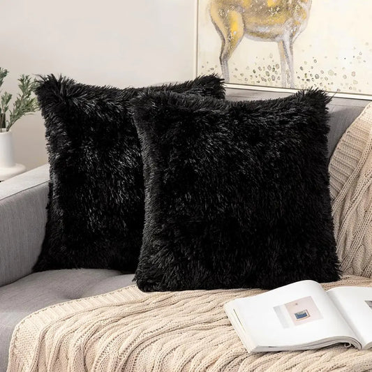 ANRODUO Pack of 2 Black Throw Pillow Covers Luxury Fluffy Pillows Faux Fur Decorative Pillows Plush Cushion Case Fuzzy Mongolian Merin Style for Bed Couch Sofa Living Room Halloween Decor 24x24 Inch